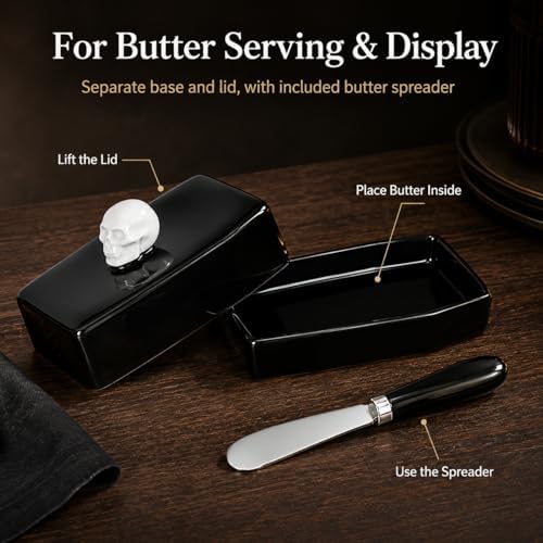 Skull Ceramic Butter Dish with Lid and Butter Spreader