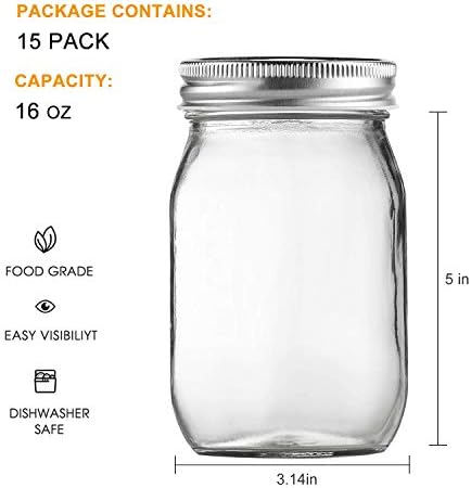 Accguan 16pack 16oz Glass Mason Jars with Airtight Lids