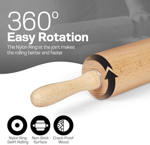 Wooden Rolling Pin, Beech Wood, 17.6" Dough Roller for Baking