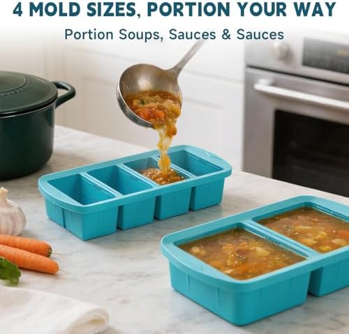 4-Pack Silicone Freezer Trays with Lid & 20 Bags - Multi-Size 1-Cup &