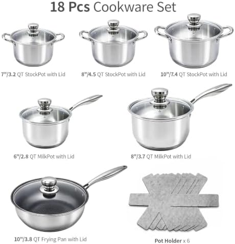 Stainless Steel Cookware Set - 18-Piece Nonstick Cookware Set Includes