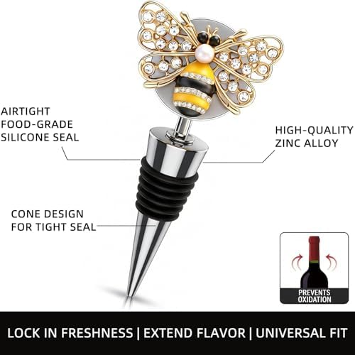 Bee Wine Stopper (Set of 2), Gold Enamel Bumblebee Bottle Topper with