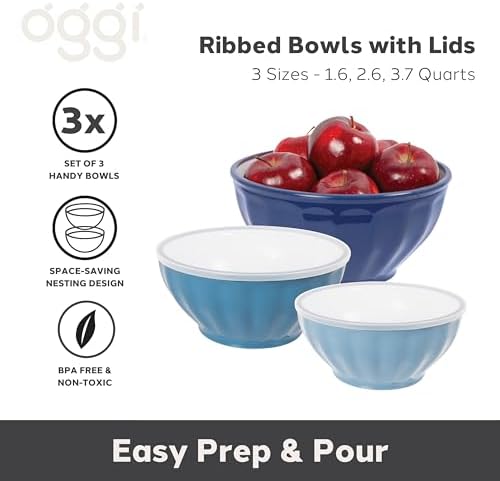 Oggi Set of 3 Ribbed Mixing Bowls with Lids - Nested Plastic Bowls for