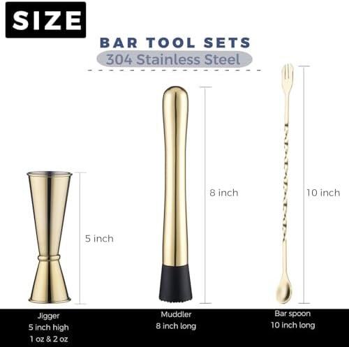Gold Muddler for Cocktails, 10 Inches Bar Spoon, 1 oz 2 oz Double