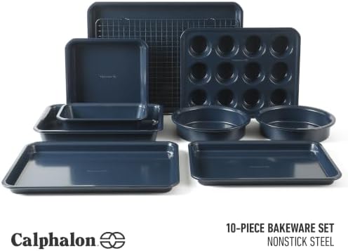 Calphalon Legacy 10-Pieces Nonstick Bakeware Set PFOA-Free, Baking Sheet Set, Baking Pans Set, Carbon Steel Bakeware Pans Collection, High-Heat Oven Safe, for Cookies, Cakes, and Muffins -Navy Blue