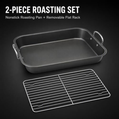 Nonstick Roasting Pan with Flat Rack, 15 x 11.4 Inch Roaster Pan