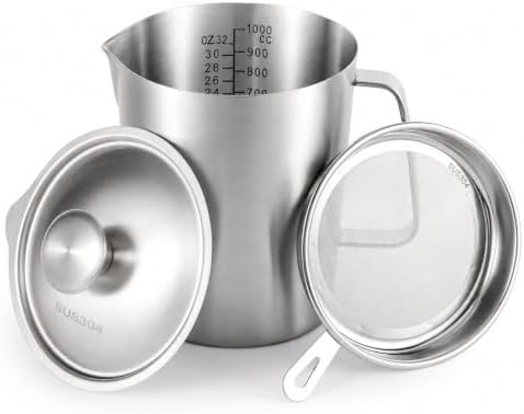 304 Stainless Steel Measuring Cup with Lid, Strainer, 32oz pitcher for