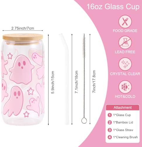 Halloween Ghost Gift for Women Pink Glass Cup with Lid and Straw