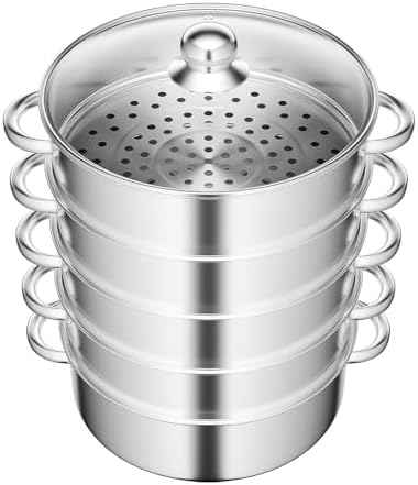 5-Tier 28cm Stainless Steel Steamer Pot, Large Capacity Stackable Food Steamer with Clear Glass Lid, Multi-Layer Steaming Cookware for Dumplings, Bread, Vegetables, Seafood & Home Kitchen Cooking