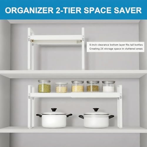 11" Deep Expandable Cabinet Shelf Organizer Riser, 1-Pack White