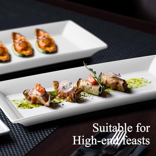 14" Rectangular Platters Set of 4, White Ceramic Platters, Large Serving Plates for Party, Entertaining, Wedding, Rectangle Serving Dishes for Steak, Sushi, Appetizer, Oven Dishwasher Safe