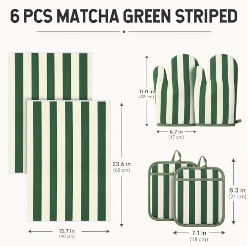 6 Pcs Matcha Green Striped Oven Mitt Pot Holder Towel Set