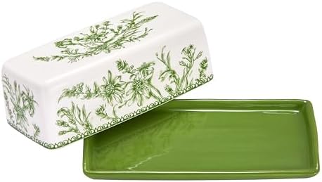 Bico Green Garden Toile Ceramic Butter Dish with Lid, Wide Butter
