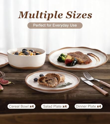 Lareina Plates and Bowls Set, 12 Pieces Farmhouse Ceramic Dinnerware