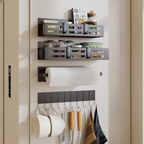 SETBAOO 4-Pack Magnetic Spice Rack with Paper Towel Holder, Black