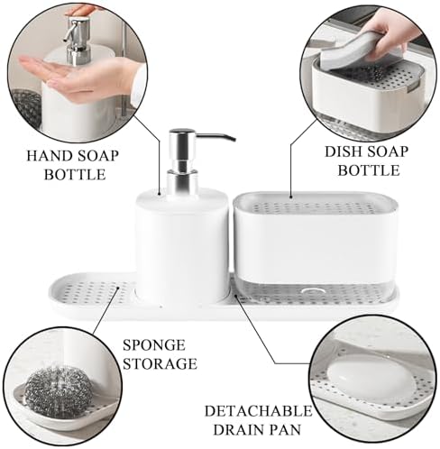 Kitchen Soap Dispenser Set with Tray, 4-in-1 Dual Hand and Dish Soap