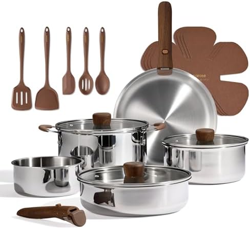 CAROTE 19pcs Tri-Ply Stainless Steel Cookware Set with Detachable