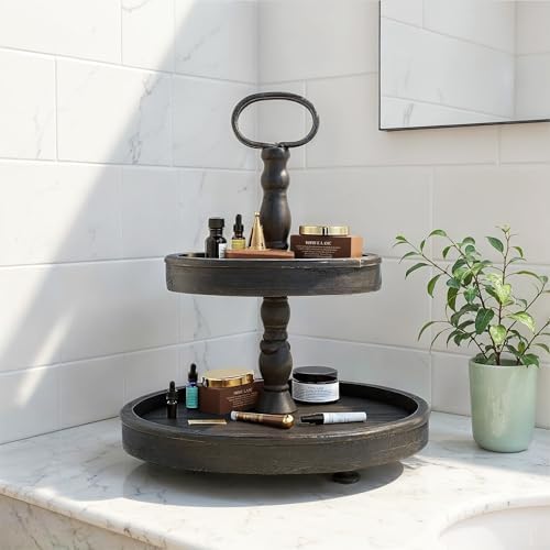 Creative Co-Op Distressed Blackwashed Wood 2-Tier Tray with Metal