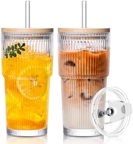 SoulTimes 20oz Ribbed Glass Tumbler with Bamboo Lid and Straw – Iced