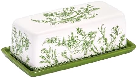 Bico Green Garden Toile Ceramic Butter Dish with Lid, Wide Butter