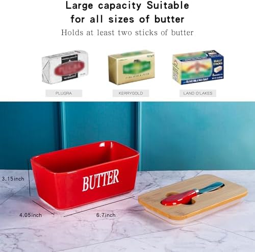 Red Butter Dish with Lid for Countertop, Large Ceramic Covered Butter