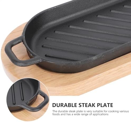 DOITOOL Cast Iron Plate for Grilling Steak Plate Teppanyaki for Steak Eel and Grilled Fish 10.62 X 4.92 X 0.78 in with Wooden Tray for Home Cooking Party Serving and Barbecue