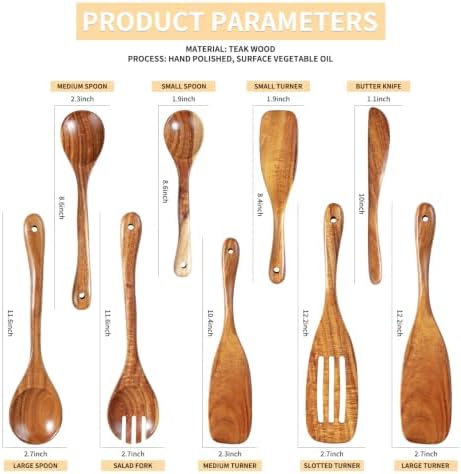 Wooden Spoons for Cooking, 9 Pcs Natural Teak Wood Kitchen Utensils