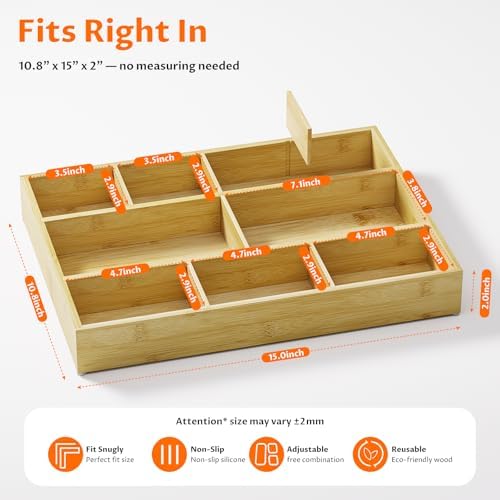 Bamboo Drawer Organizer with 9 Adjustable Compartments, Desk Storage