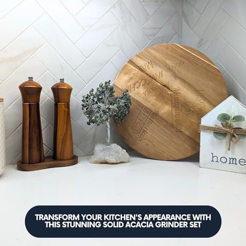 Wooden Salt and Pepper Grinder Set with Tray, 8 Inch, Set of 2