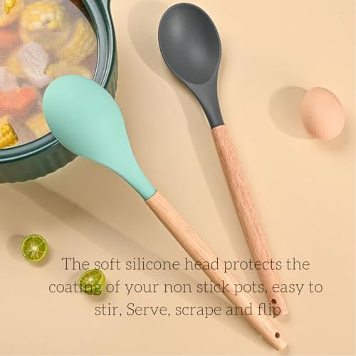 LorisArm Wooden Handle Silicone Spoon, 12" Rubber Spoon 4-Pack
