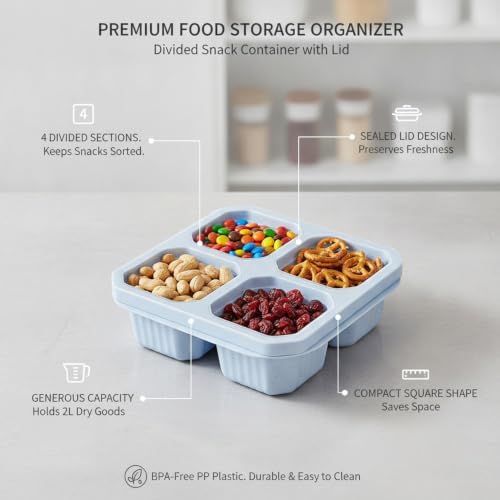 Home Organizers 4-Compartment Snack Box with Lid, Divided Dry Food