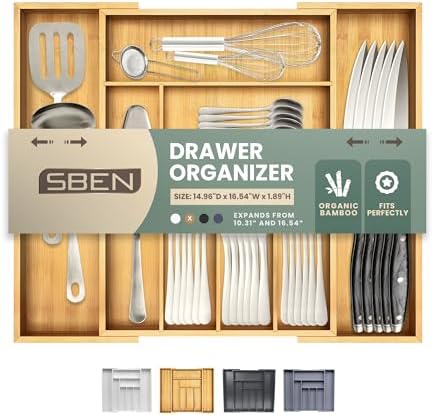 Sben Bamboo Cutlery Drawer Organizer, Bamboo, Medium