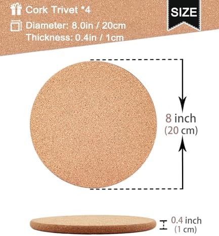 Cork Trivets for Hot Dishes, Hot Pots and Pans, 8 Inch 4 Pcs
