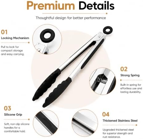 Kitchen Tongs Set, 3 Pack, 7+9+12", Silicone Tips