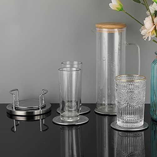 JUXYES Set of 6 Stainless Steel Metal Round Coaster with Holder for