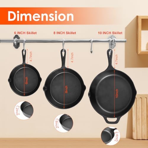 Suteck Cast Iron Skillets 3-Piece Set, 6", 8" & 10" Pre-Seasoned Pan Set