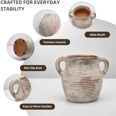 Rustic Utensil Holder for Kitchen Counter - Ceramic Farmhouse Cooking Utensil Crock & Organizer for Spatula, Spoon - Vintage Kitchen Decor (Taupe)