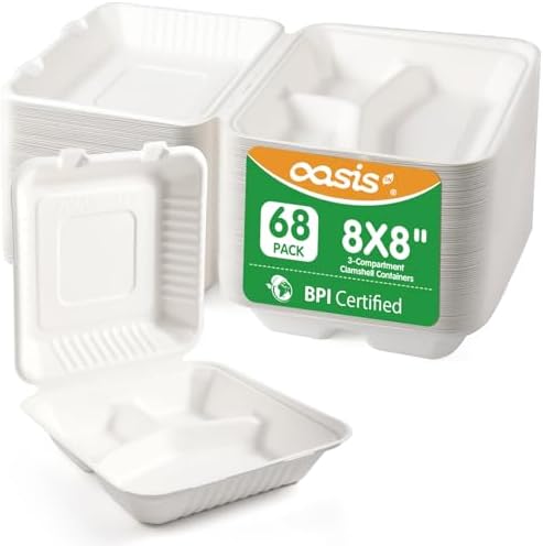 8x8 Inch 68 Pack 3-Compartment Clamshell Take Out Food Containers