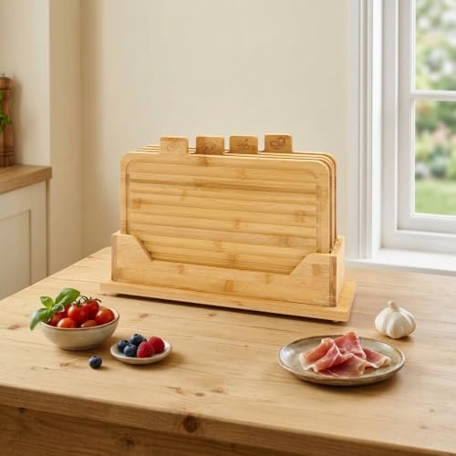 4 Pack 13.2"L x 8.9"W Bamboo Cutting Boards with Holder and Food Icons
