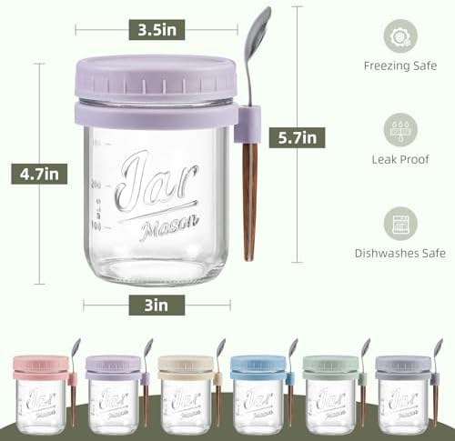 16 oz Glass Overnight Oats Containers with Lids, 6 Pack