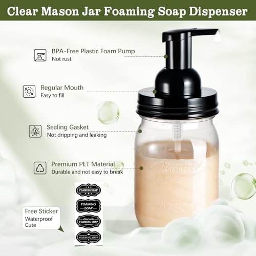 Amolliar Plastic Mason Jar Foaming Soap Dispenser with Pump Lid,16OZ