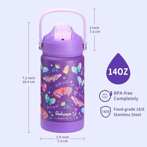 rockpapa 14oz Kids Stainless Steel Water Bottle with Straws, Butterfly