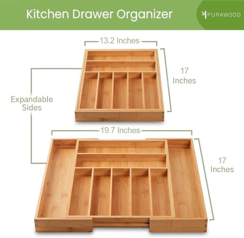 Purawood Expandable Bamboo Drawer Organizer 7-9 Slots, Natural