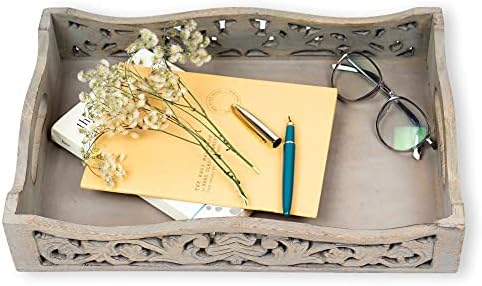 GoCraft Handmade Wooden Tray with Handles – Grey Washed Wood Serving