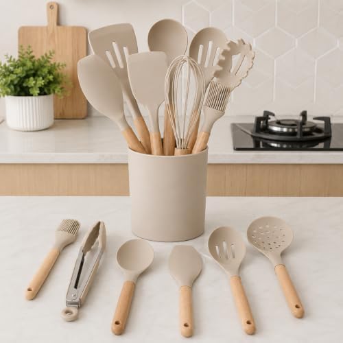 12 Piece Kitchen Utensils Set with Holder, Beige