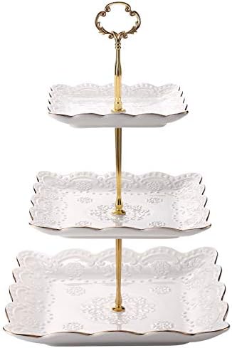 Sumerflos 3-Tier Square Porcelain Cake Stand, White Rimmed with Gold