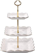 Sumerflos 3-Tier Square Porcelain Cake Stand, White Rimmed with Gold