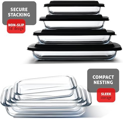 EATEX 8-Piece Deep Glass Casserole Dishes with Plastic Lids
