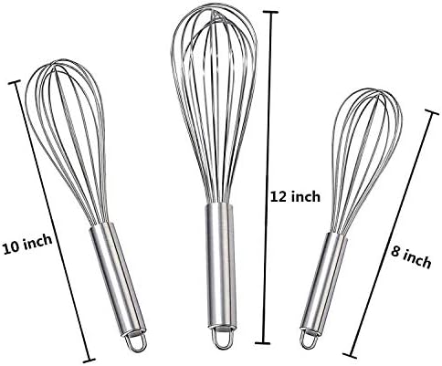 Stainless Steel Whisk, Whisk Set with Measuring Spoon and 8"+10"+12"
