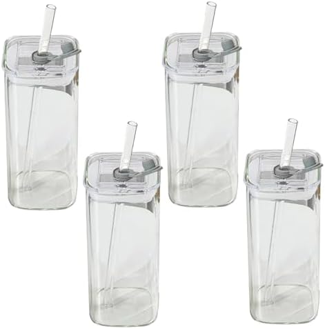 Square Glass Cups with Lids and Straws, 4Pcs Temperature Resistant